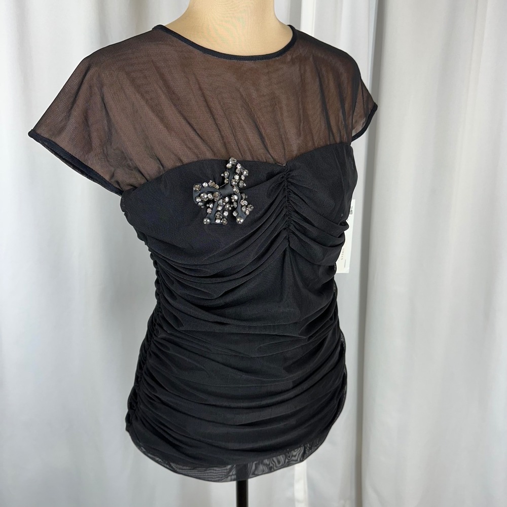 Joseph Ribkoff Black Mesh‎ Ruched Embellished Top Womens Size 10